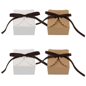 Boîte à Bonbons Carrée en Papier Kraft Simple Européenne Bord Festonné Avec Nœud en Ruban Marron Emballage Cadeau DIY pour Mariage Fête