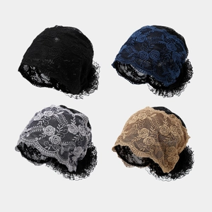 Women Lace Turban Hat Floral Embroidery Mesh Beanie Breathable Hollow Out Rose Pattern Elegant Vintage Headwear