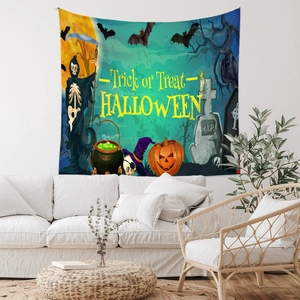 Detailed view of Halloween Trick or Treat tapestry hanging on a modern living room wall
