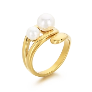Minimalist gold double-ring with two white pearls on a clean white background