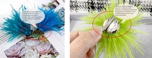 Detail of the dual-purpose feather brooch with metal clip and safety pin mechanism