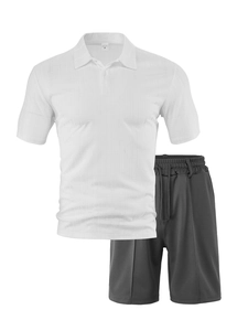 Detail of white waffle texture polo shirt and grey shorts with inner size label