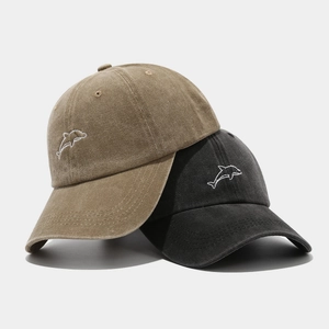 Fashionable washed cotton baseball cap with dolphin embroidery in khaki and black colors
