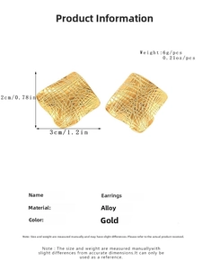 Detailed view of gold alloy earrings with textured square design and dimension markings
