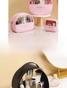 Detail view of large capacity PU travel cosmetic bags with transparent windows