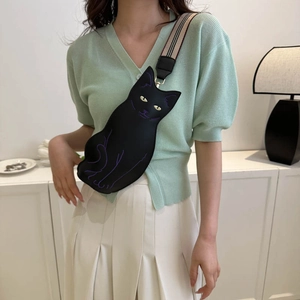 Cute black cat shaped crossbody bag with striped strap for girls, minimalist cat purse