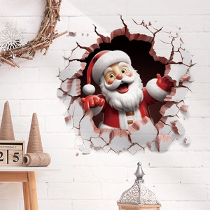 3D Santa Claus wall decal breaking through white brick wall for Christmas decor