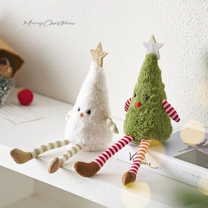 Plush Christmas tree dolls with long legs in white and green for festive desktop decor