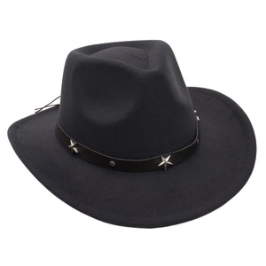 Detailed view of black felt cowboy hat featuring metallic star studs on the decorative band