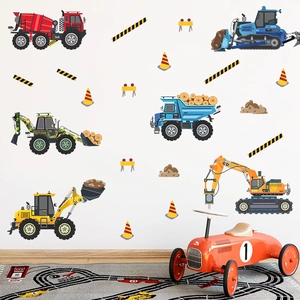 Cartoon construction vehicle wall stickers featuring excavators and trucks for kids room