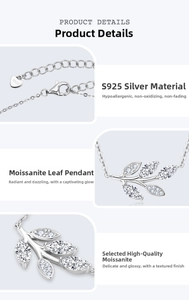 Detail view of S925 silver leaf pendant with moissanite and lobster clasp closure
