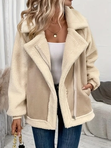 Women Faux Suede Sherpa Biker Jacket Patchwork Lapel Oversized Warm Winter Moto Coat Long Sleeve Beige