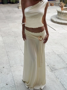 Women's summer two-piece off-shoulder slim top and long skirt set with ring detail