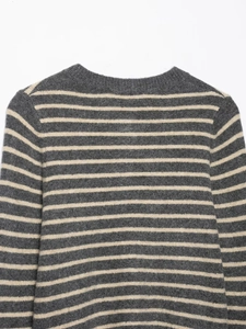 Detail of the soft striped knit sweater neckline with grey and cream white texture