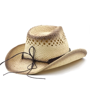 Detail of woven straw cowboy hat showing breathable hollow vents and leather band
