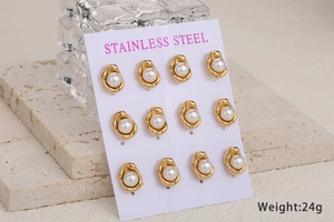 Set of 6 pairs of gold stainless steel pearl earrings on white display card with weight info