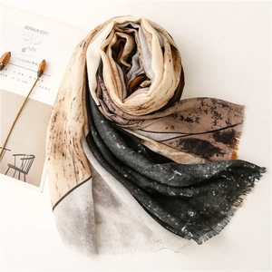 Ink painting cotton linen scarf with elegant abstract patterns for beach sun protection