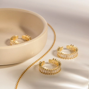 18k gold plated open ring with rectangular cubic zirconia stones in elegant setting