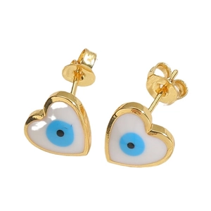Golden heart earrings with blue evil eye zircon center, bohemian style jewelry for women
