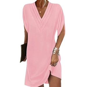 Pink V-neck pleated batwing sleeve loose dress for women, casual summer style