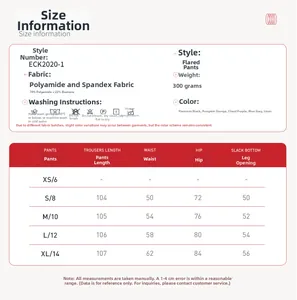 Detailed size chart for flare yoga pants with waist and hip measurements in centimeters