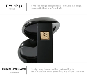Detail of sturdy hinge and gold metal bar on black oval sunglasses temple