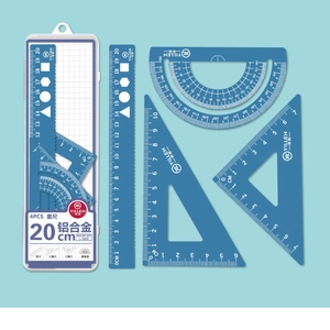 Blue 4-piece aluminum alloy geometry ruler set with protractor and triangles for students