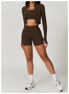 Detailed view of 3-piece dark brown yoga set with sports bra, shorts, and zip jacket