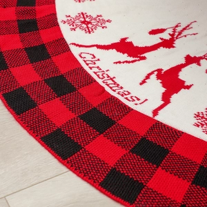 48 inch knitted Christmas tree skirt with reindeer pattern and red plaid border decor
