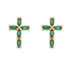 Detailed close-up of gold cross stud earrings featuring marquee-cut green zircons