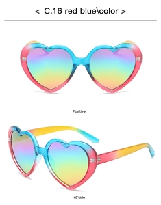 Front and 45-degree side views of heart-shaped sunglasses with red-blue gradient lenses
