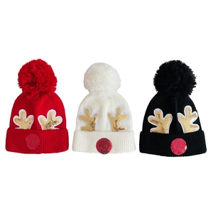 Christmas Reindeer Antler Knit Beanie Hat Sequined Winter Warm Pom Pom Cap For Toddler Kids