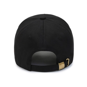 Rear view of black cotton baseball cap with adjustable bronze metal buckle strap