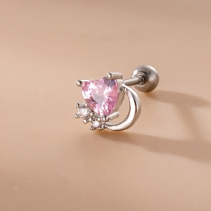 Detail of pink heart zircon earring with silver moon stud and secure screw-back ball