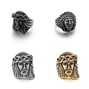 Men Retro Stainless Steel Ring Indian Chief Jesus Head Embossed Gothic Hip Hop Punk Jewelry