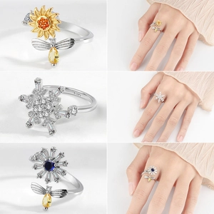 Adjustable snowflake and sunflower spinner ring set with colorful stones in S925 silver