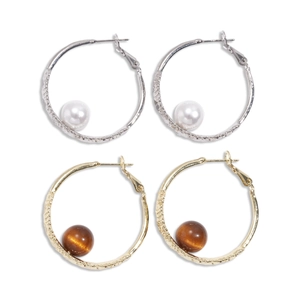 Vintage geometric round hoop earrings with pearl and resin beads in silver and gold plating