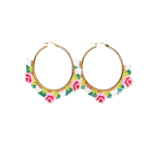Bohemian handmade Miyuki beaded hoop earrings with vibrant red flower and leaf patterns