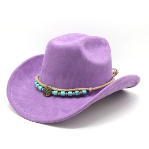 Detail of purple faux suede cowboy hat featuring woven rope and sun motif metal charm