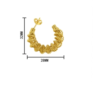 Detail view of 18K gold plated spiral hoop earrings with dimensions 32MM by 28MM