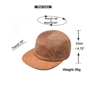 Detailed size specifications for corduroy baseball cap showing circumference and brim length