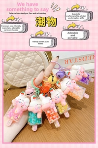 Detail of sweet rabbit ice cream liquid glitter keychains with bells and wristlets