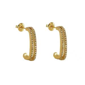 Golden double-layer J-shaped earrings with two rows of sparkling micro-pave crystals