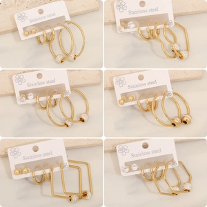 3 Pairs Stainless Steel Rhinestone Stud Earrings Set Geometric Heart Oval Hexagon Earrings Gold Jewelry For Women Gift