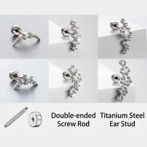 Zircon Ear Bone Stud Titanium Steel Screw Thread Flat Back Cartilage Earring For Women Star Moon Piercing Jewelry