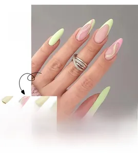 Detail of almond press-on nails with green and pink French lines and silver glitter