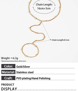 Detailed technical diagram of stainless steel gold hand back chain with size specifications
