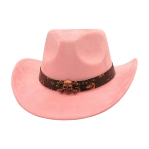 Pink western cowboy hat featuring a brown belt with bronze skull metallic accents