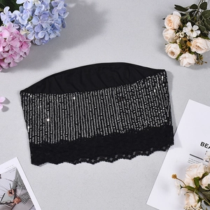 Détail du haut bandeau noir à paillettes avec bordure en dentelle sur fond décoratif