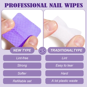 Lint-free purple nail wipes comparison with standard cotton pads for professional manicure